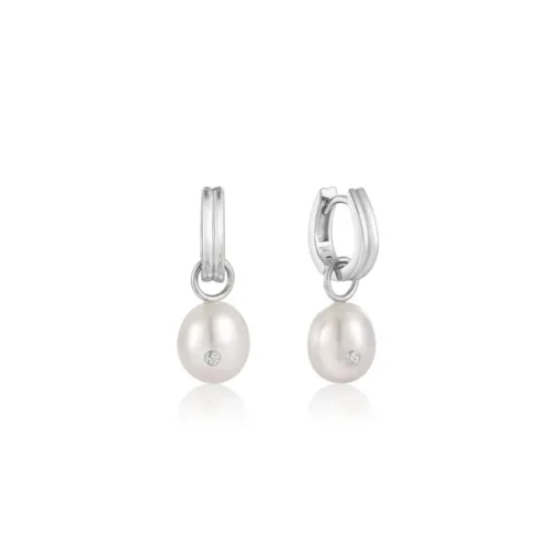 Ania Haie "Silver Pearl Drop Sparkle Huggie Hoop" Earrings