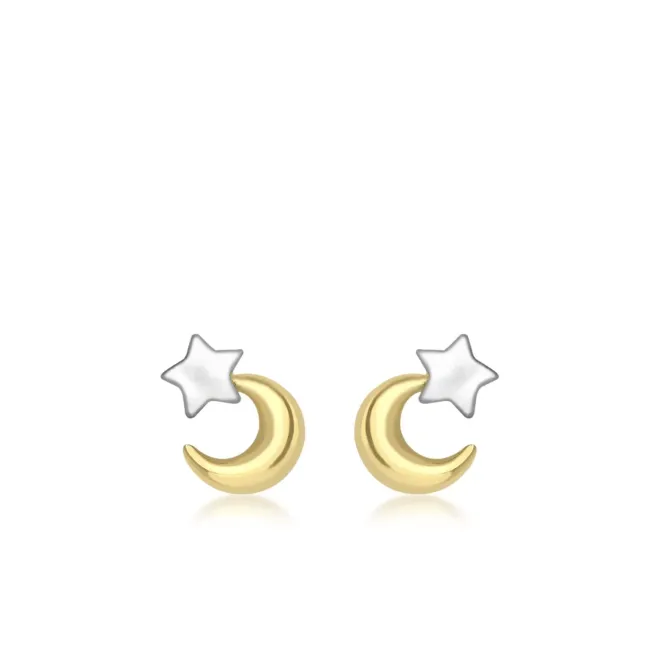 9CT 2-COLOUR GOLD MOON AND STAR STUD EARRINGS