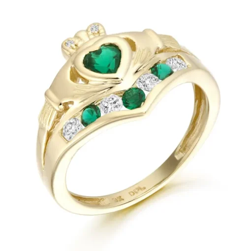 9ct Gold CZ Emerald Claddagh Ring with chanel set stone setting