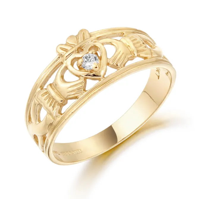 9ct Gold Ladies Claddagh Ring with Celtic Knot Shoulders