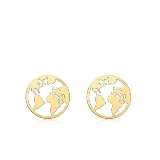 9CT YELLOW GOLD CUTOUT 'WORLD MAP' DISC STUD EARRINGS