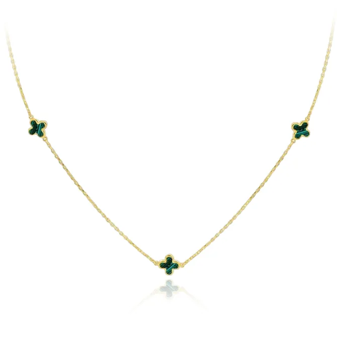 9CT YELLOW GOLD MALACHITE CLOVER PETALS NECKLACE