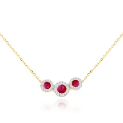 9CT YELLOW GOLD TRINITY RUBIES DIAMONDS NECKLACE