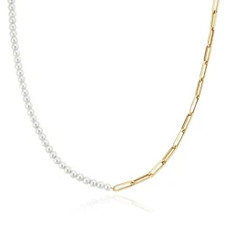 Gold Paperclip Chain and Pearl Necklace