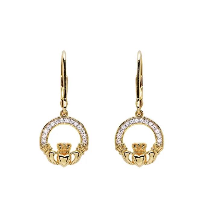 14KT Gold Vermeil CZ Drop Claddagh Earrings