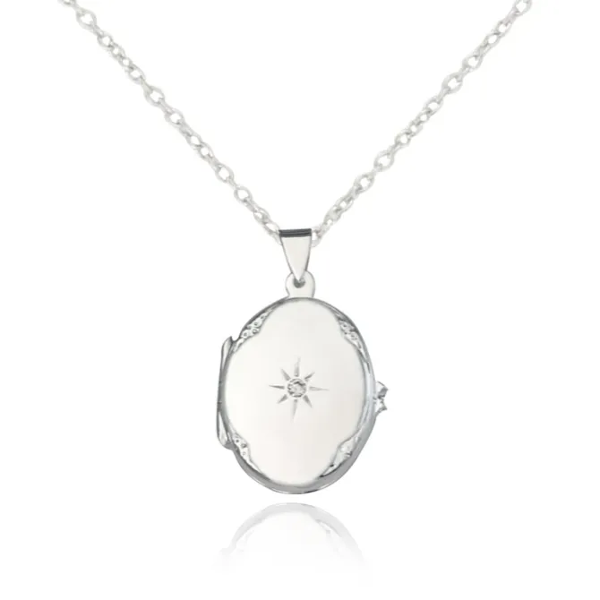 Sterling Silver Cubic Zirconia Star Centre Oval Locket Necklace